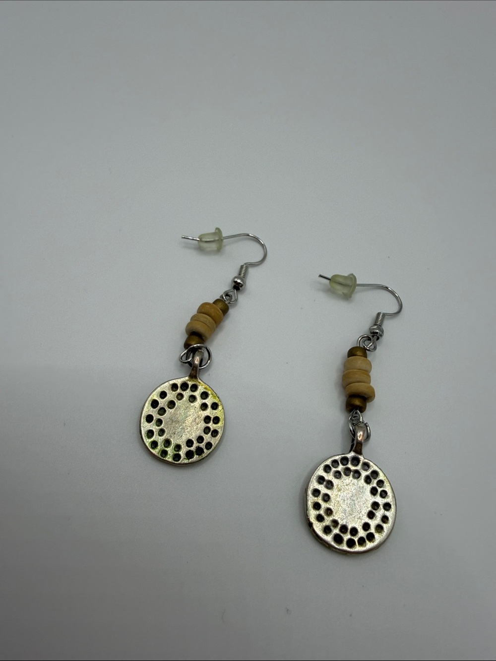 Dainty Tannish Wood Bead Drop Earrings with Hammered Disc